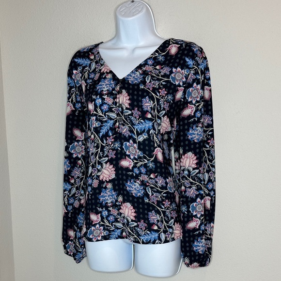 LOFT Tops - LOFT Navy Floral V-Neck Blouse